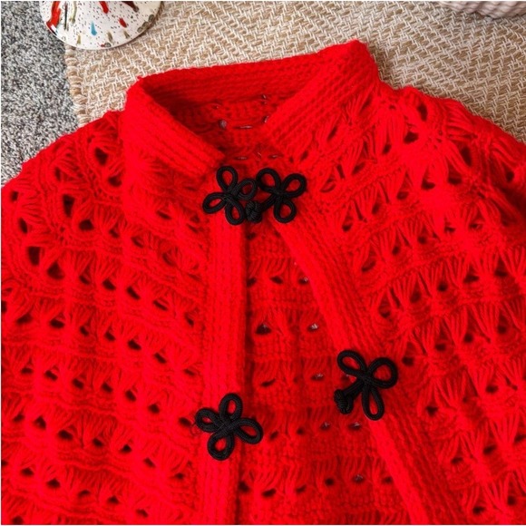 Handmade Jackets & Blazers - Vintage Handmade Red Crochet Cape Broomstick Lace Frog Closure Poncho Wrap